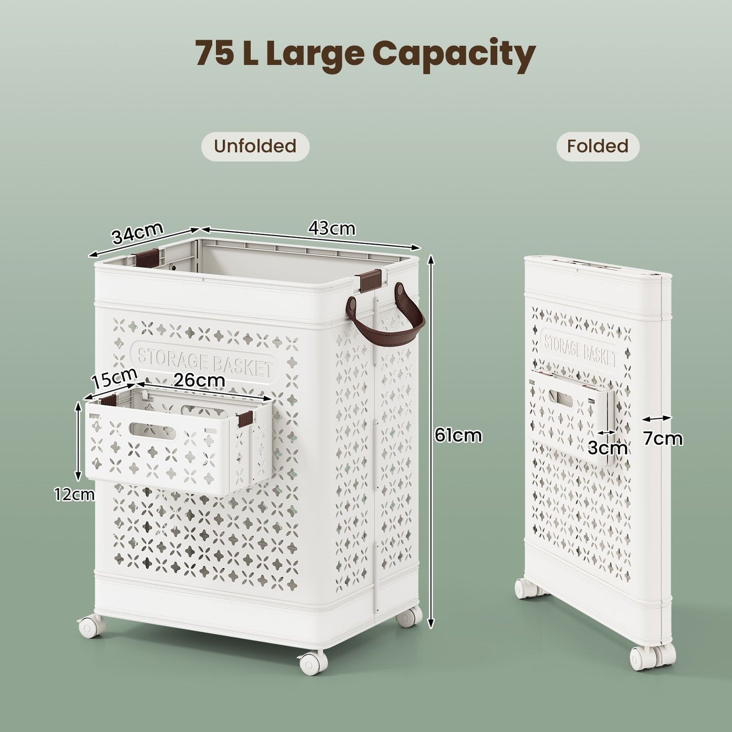 75 L Collapsible Laundry Basket with Underwear Basket and Handles