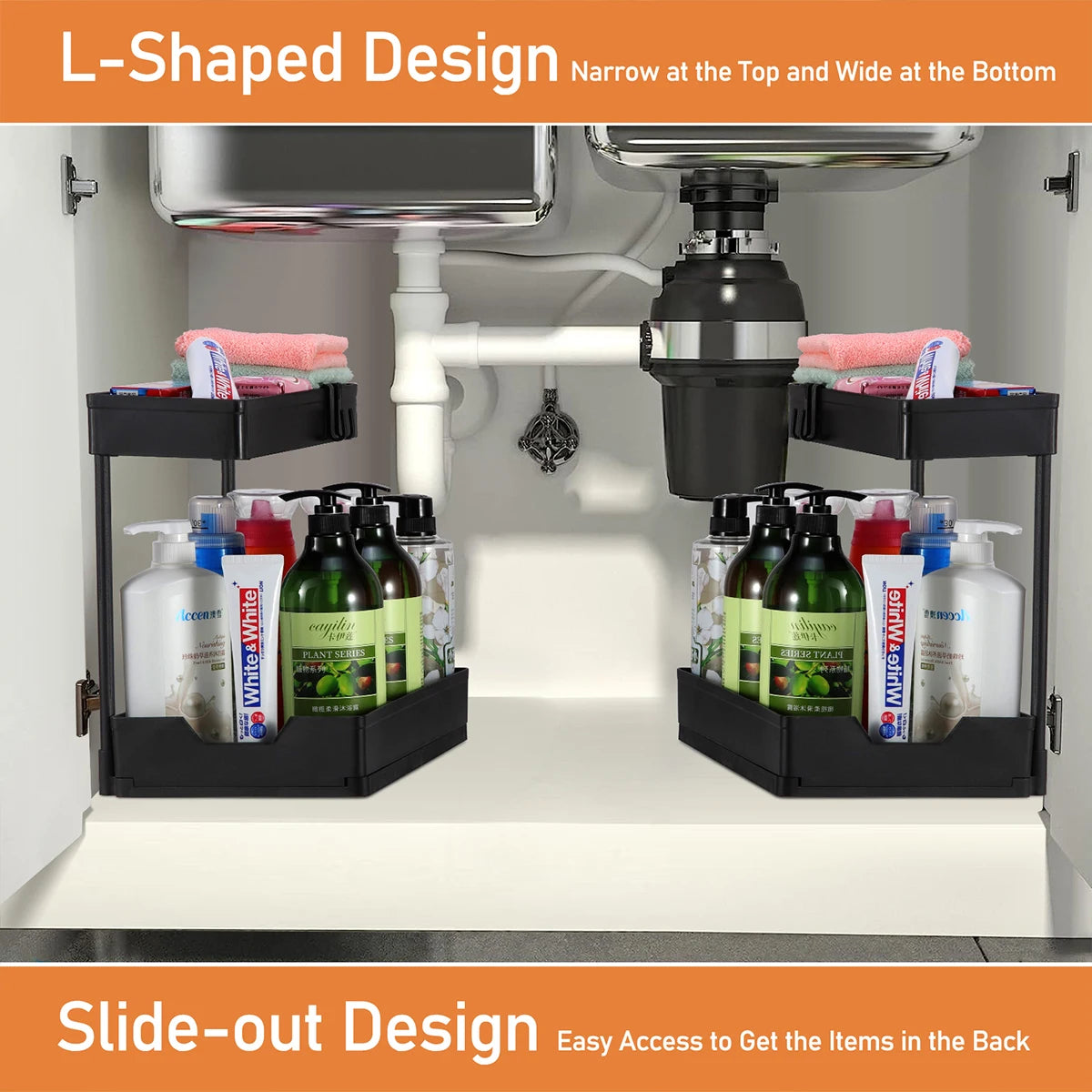 2 Pack Kitchen under Sink Storage Organiser Rack with Sliding Drawer 4 Hooks 2 Tier Multi-Purpose Pull Out Drawer for Bathroom