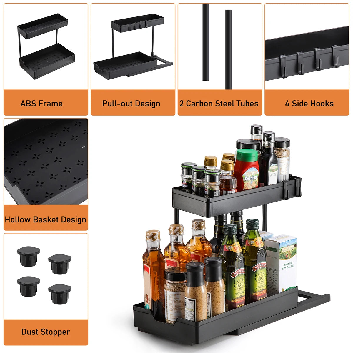 2 Pack Kitchen under Sink Storage Organiser Rack with Sliding Drawer 4 Hooks 2 Tier Multi-Purpose Pull Out Drawer for Bathroom