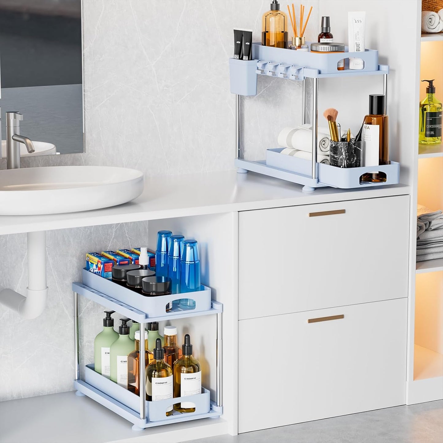 under Sink Organizer (2 Pack), 2 Tier under Sink Organizer, Adjustable Height Cabinet Organizer and Storage, in Blue