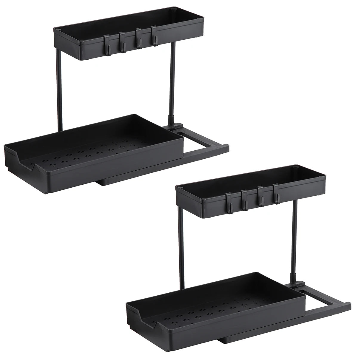 2 Pack Kitchen under Sink Storage Organiser Rack with Sliding Drawer 4 Hooks 2 Tier Multi-Purpose Pull Out Drawer for Bathroom