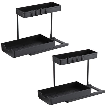 2 Pack Kitchen under Sink Storage Organiser Rack with Sliding Drawer 4 Hooks 2 Tier Multi-Purpose Pull Out Drawer for Bathroom