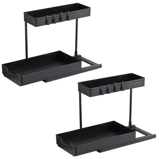 2 Pack Kitchen under Sink Storage Organiser Rack with Sliding Drawer 4 Hooks 2 Tier Multi-Purpose Pull Out Drawer for Bathroom