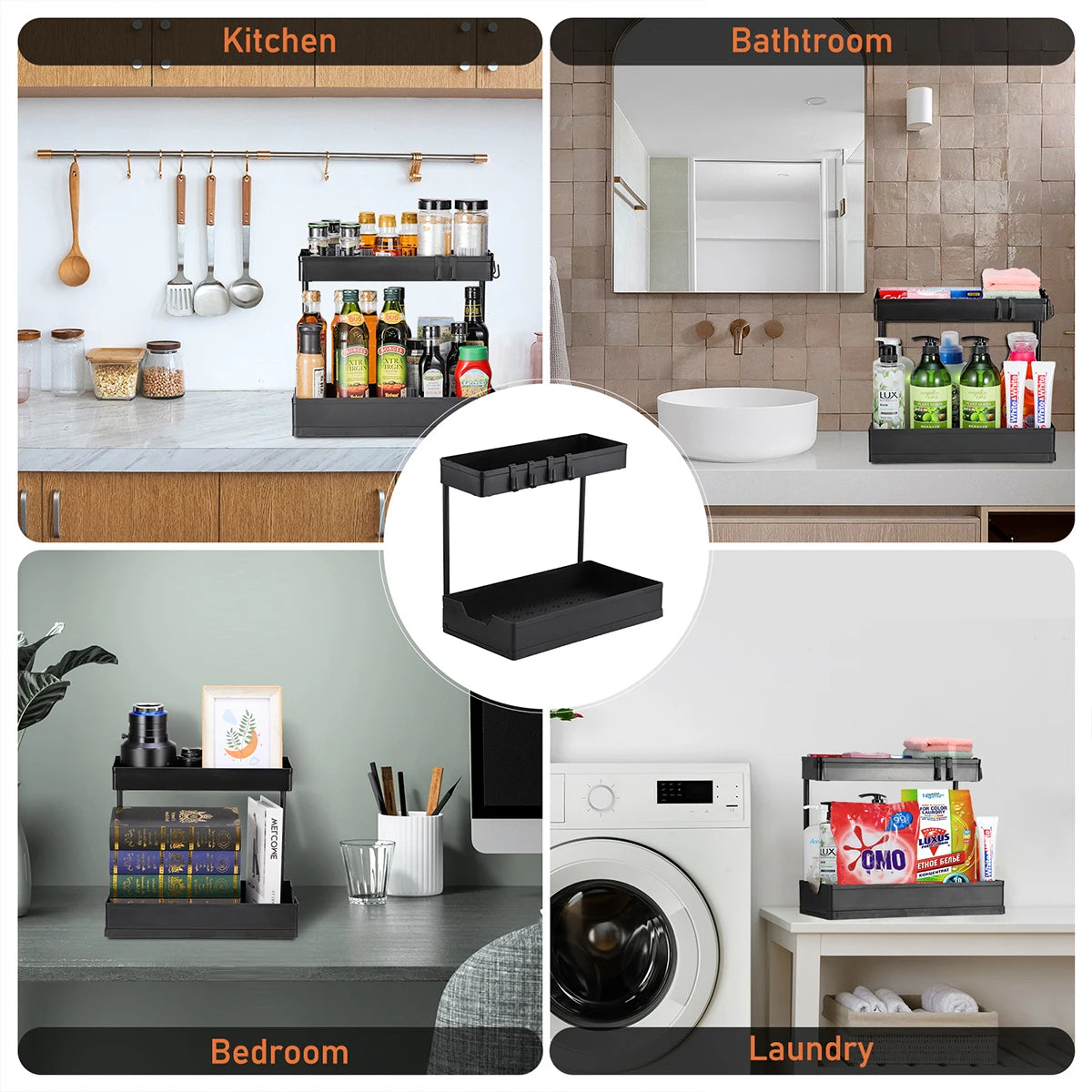 2 Pack Kitchen under Sink Storage Organiser Rack with Sliding Drawer 4 Hooks 2 Tier Multi-Purpose Pull Out Drawer for Bathroom