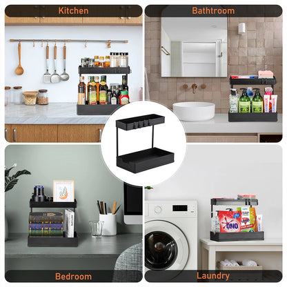 2 Pack Kitchen under Sink Storage Organiser Rack with Sliding Drawer 4 Hooks 2 Tier Multi-Purpose Pull Out Drawer for Bathroom