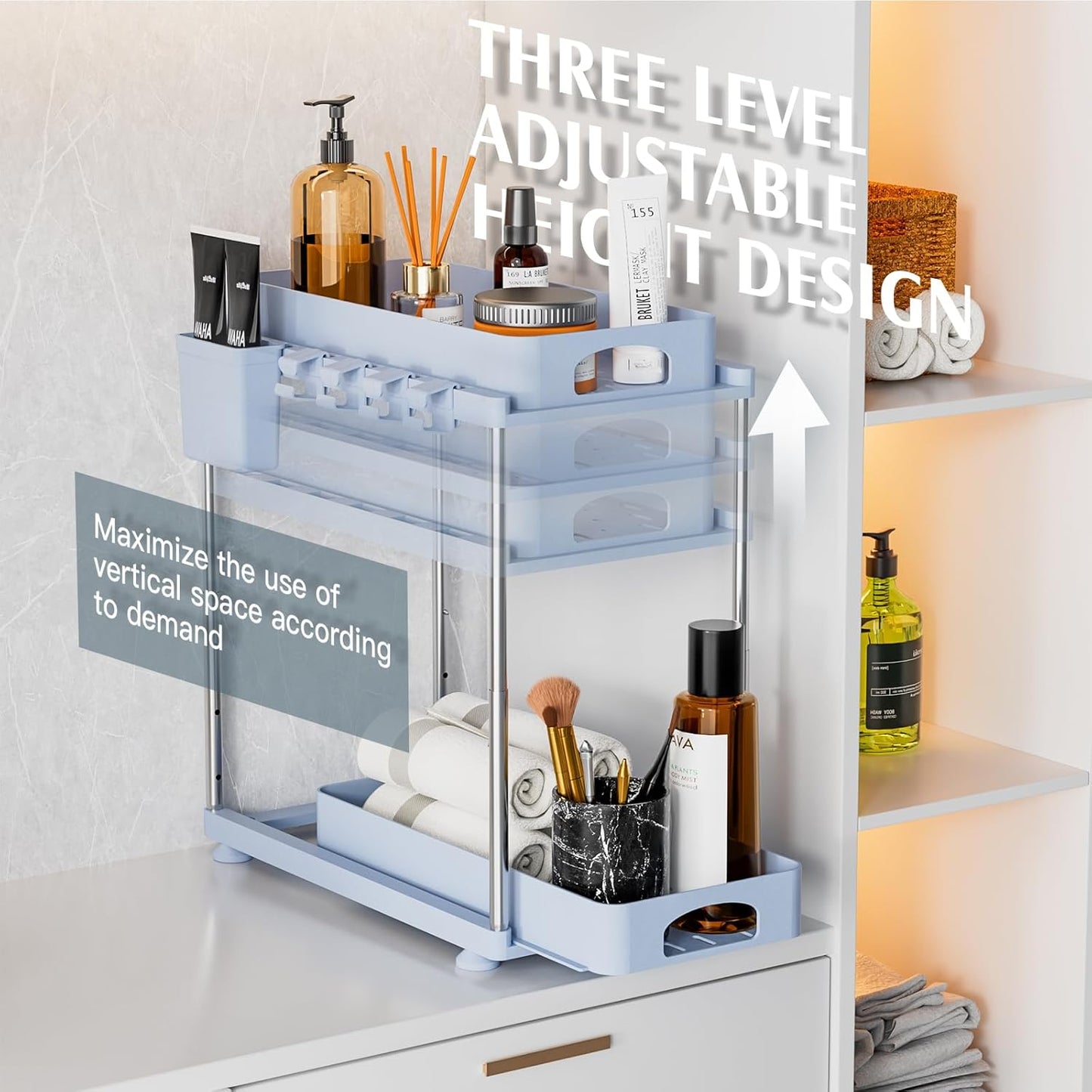 under Sink Organizer (2 Pack), 2 Tier under Sink Organizer, Adjustable Height Cabinet Organizer and Storage, in Blue