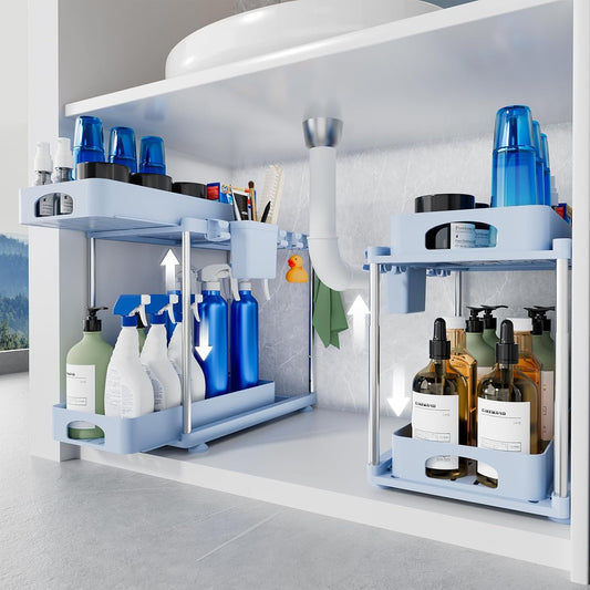 under Sink Organizer (2 Pack), 2 Tier under Sink Organizer, Adjustable Height Cabinet Organizer and Storage, in Blue