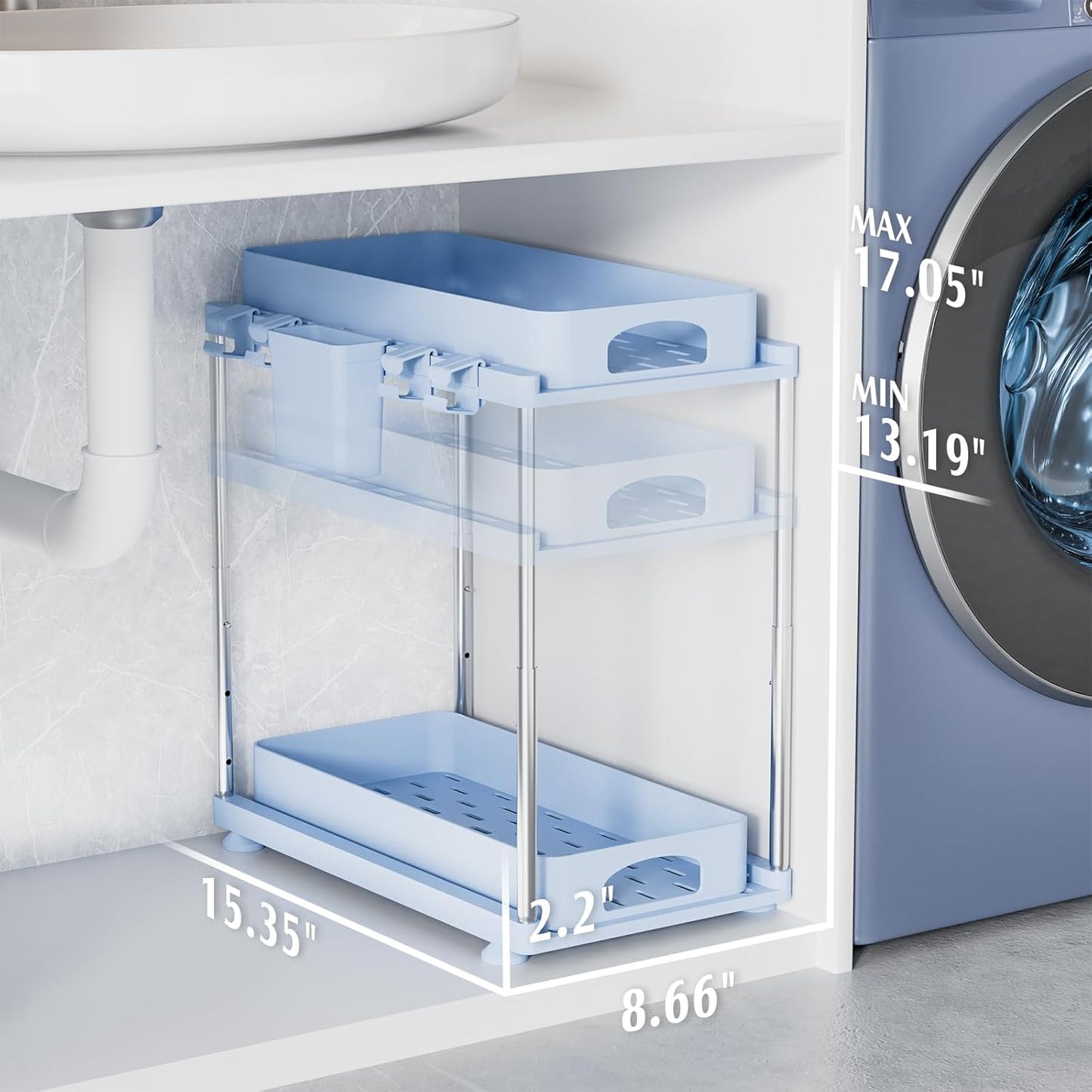 under Sink Organizer (2 Pack), 2 Tier under Sink Organizer, Adjustable Height Cabinet Organizer and Storage, in Blue