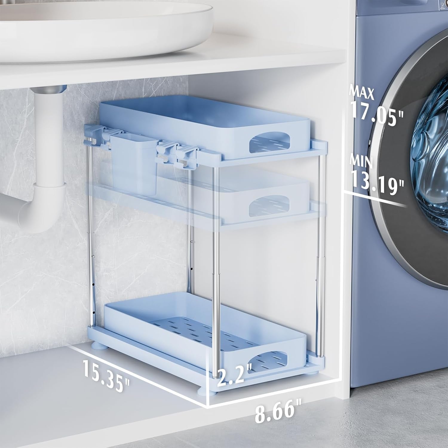 under Sink Organizer (2 Pack), 2 Tier under Sink Organizer, Adjustable Height Cabinet Organizer and Storage, in Blue