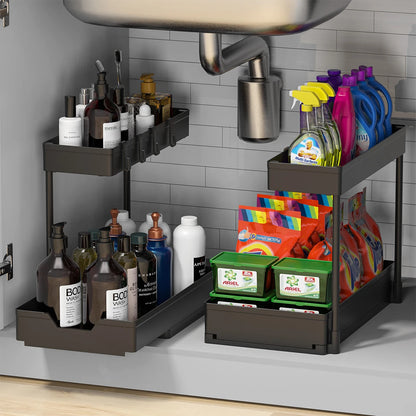 2 Pack Kitchen under Sink Storage Organiser Rack with Sliding Drawer 4 Hooks 2 Tier Multi-Purpose Pull Out Drawer for Bathroom