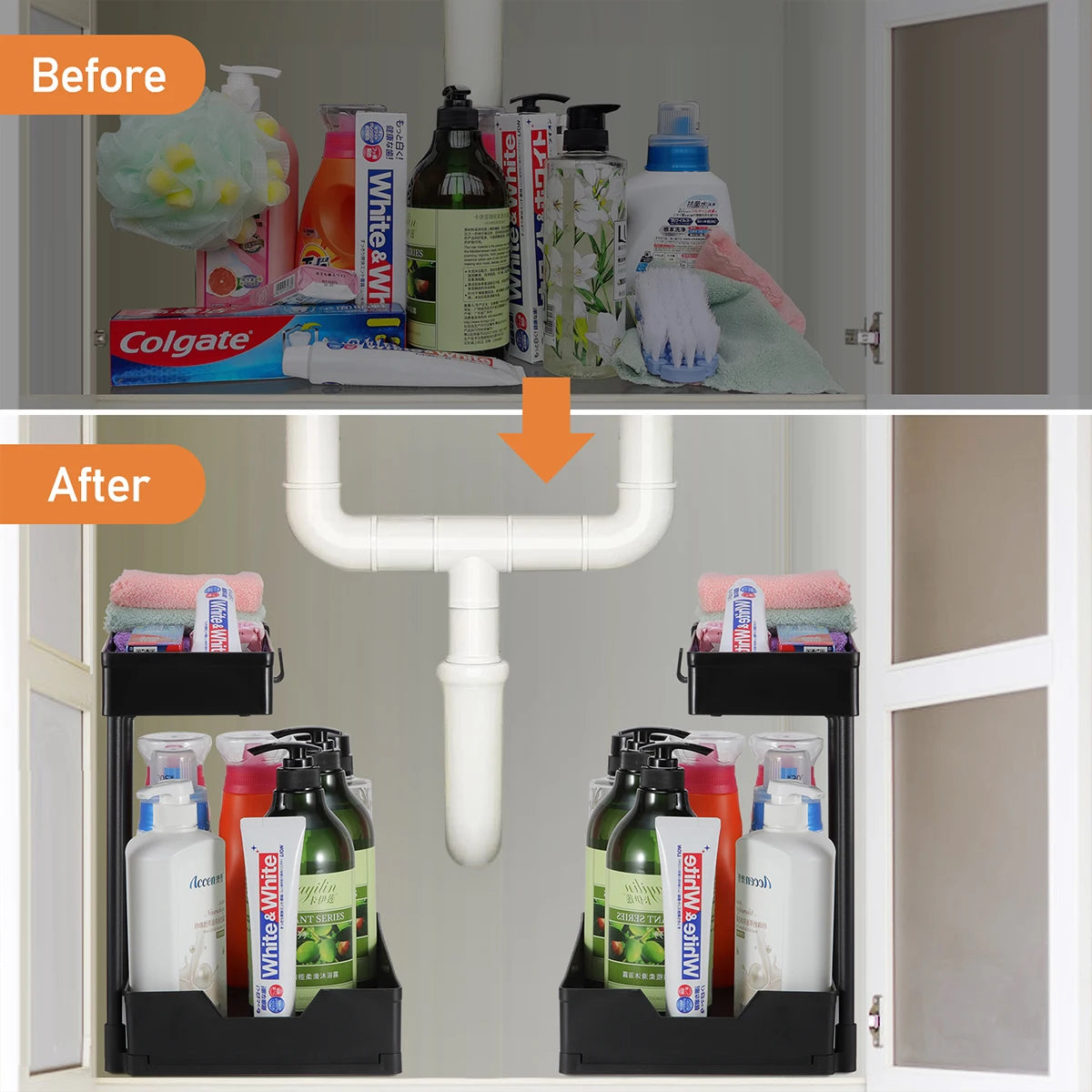2 Pack Kitchen under Sink Storage Organiser Rack with Sliding Drawer 4 Hooks 2 Tier Multi-Purpose Pull Out Drawer for Bathroom